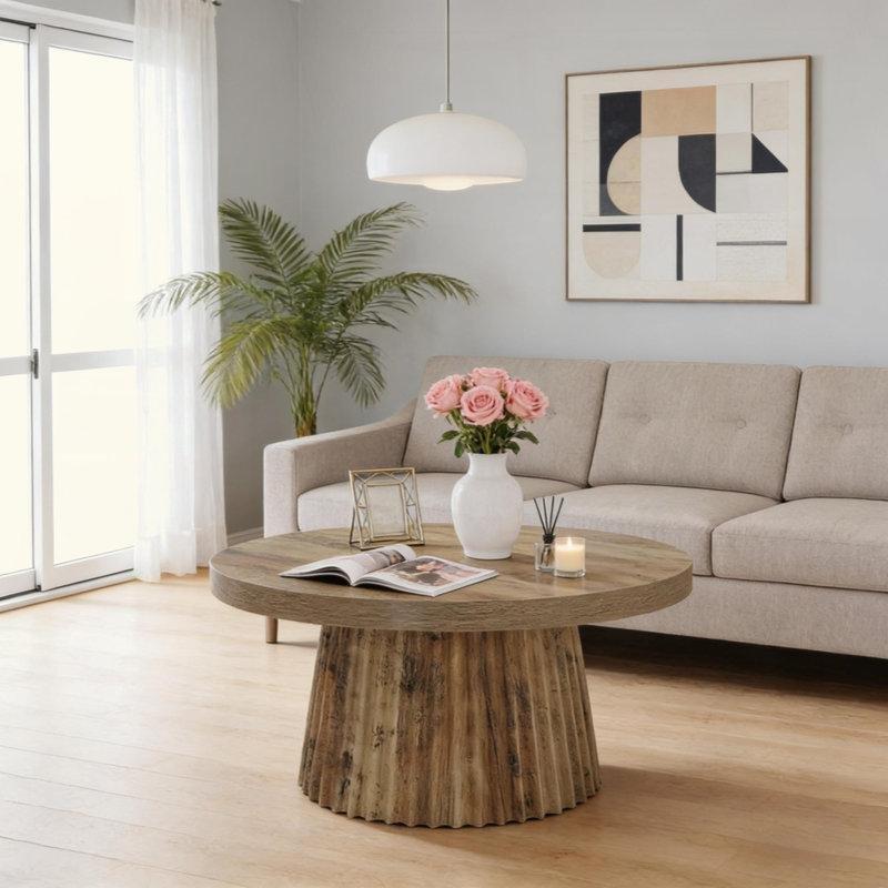 Rustik Kahverengi MDF Yivli Tambur Gövdeli Yuvarlak Orta Sehpa - 81 cm - 243677