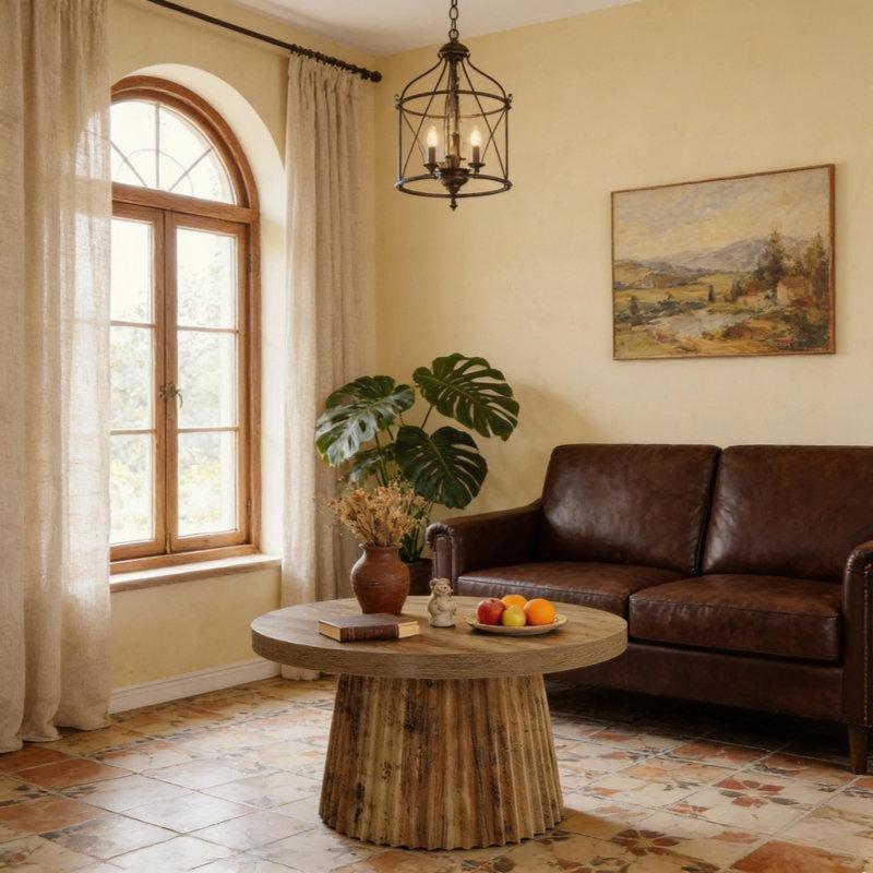 Rustik Kahverengi MDF Yivli Tambur Gövdeli Yuvarlak Orta Sehpa - 81 cm - 243677