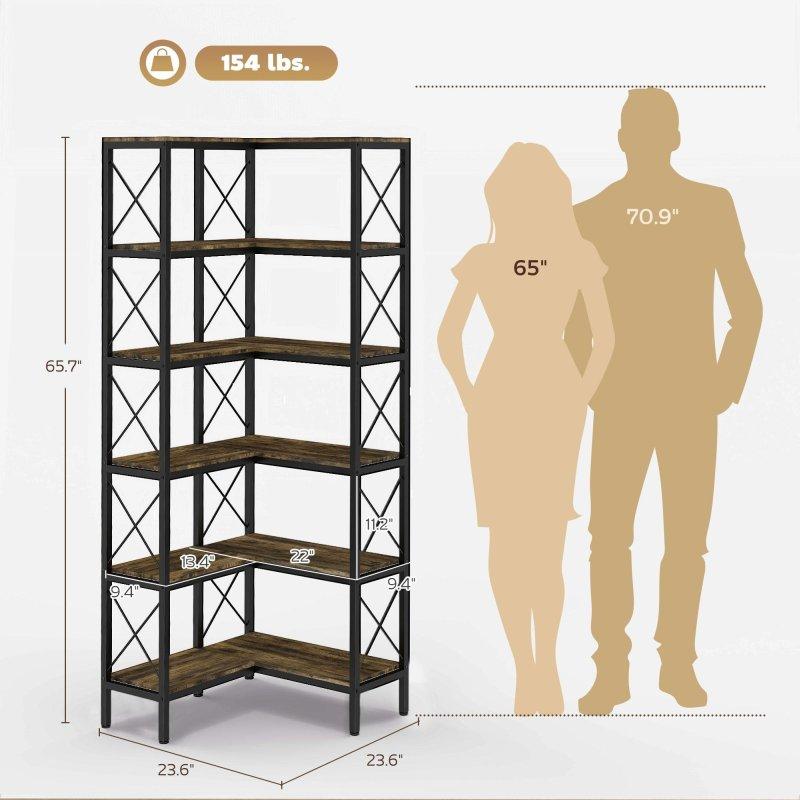 Rustik Kahverengi Metal 5 Raflı L Şekilli Köşe Kitaplık - 60x60x167 cm - 315978