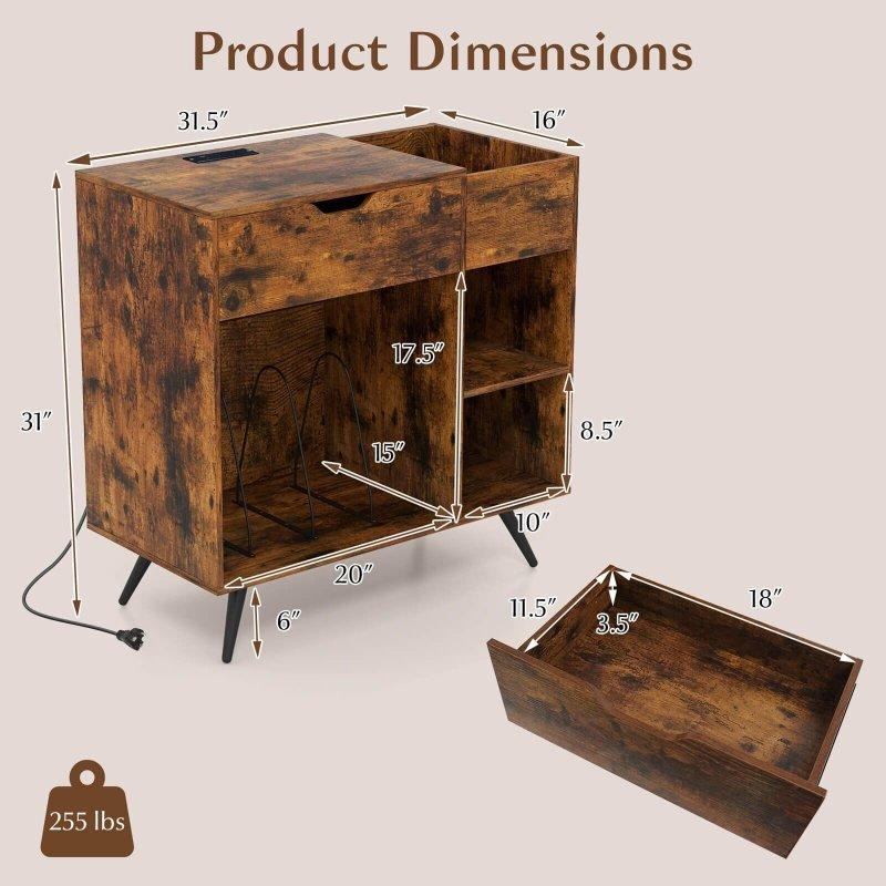 Rustik Kahverengi Metal Ayaklı Çekmeceli ve Prizli Plaklık Kitaplık - 81x41x79 cm - 318139