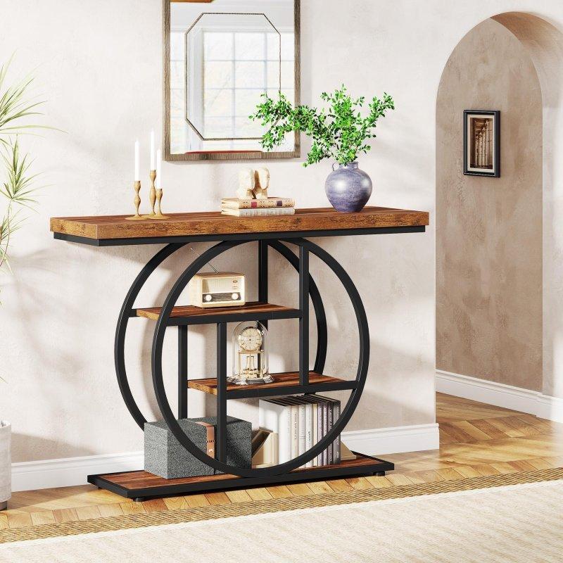 Rustik Kahverengi Metal Çerçeveli 4 Raflı Yuvarlak Detaylı Endüstriyel Dresuar - 105x30x81 cm - 333222
