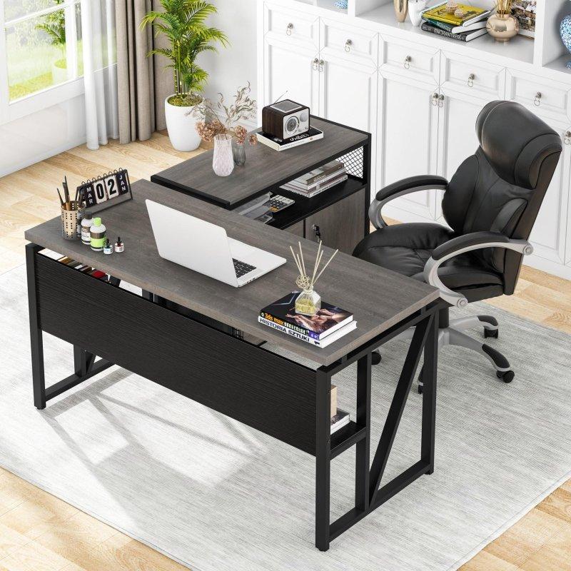 Rustik Kahverengi Metal L Tipi Tekerlekli Dosya Dolaplı Ofis Masası Seti - 140 cm - 328255