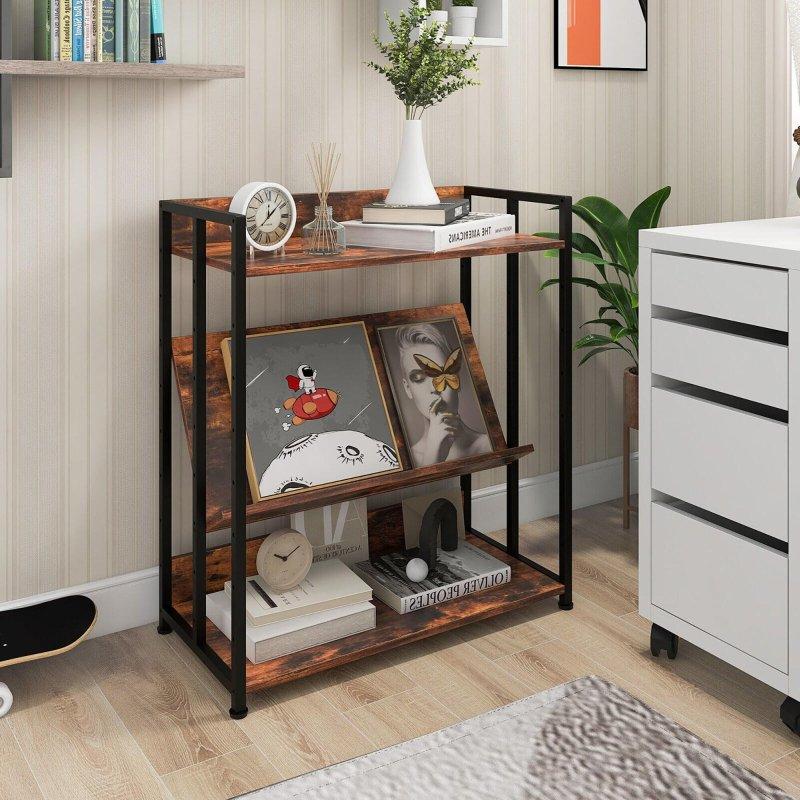 Rustik Kahverengi Metal ve Ahşap 3 Raflı Endüstriyel Kitaplık - 70x36x81 cm - 319223