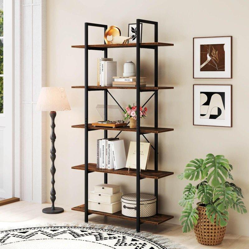 Rustik Kahverengi Metal ve Ahşap 5 Raflı Endüstriyel Kitaplık - 158 cm - 318387