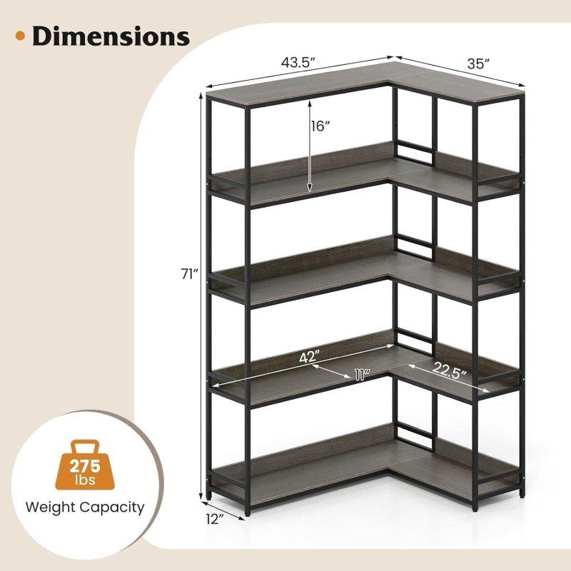 Rustik Kahverengi Metal ve Ahşap 5 Raflı L Şekilli Köşe Kitaplık - 111x89x181 cm - 317110