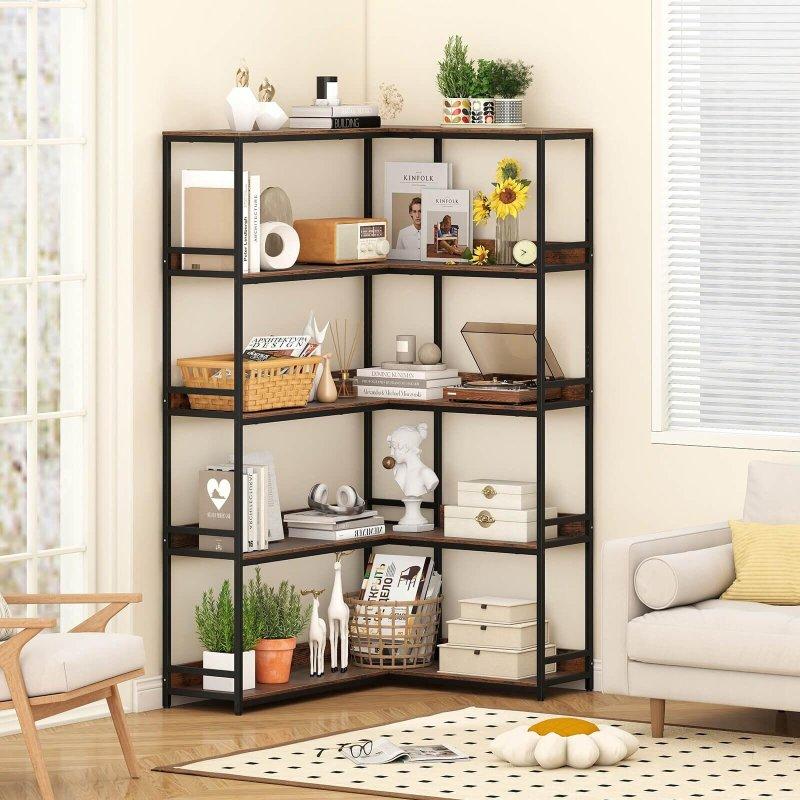 Rustik Kahverengi Metal ve Ahşap 5 Raflı L Şeklinde Köşe Kitaplık - 181 cm - 318257