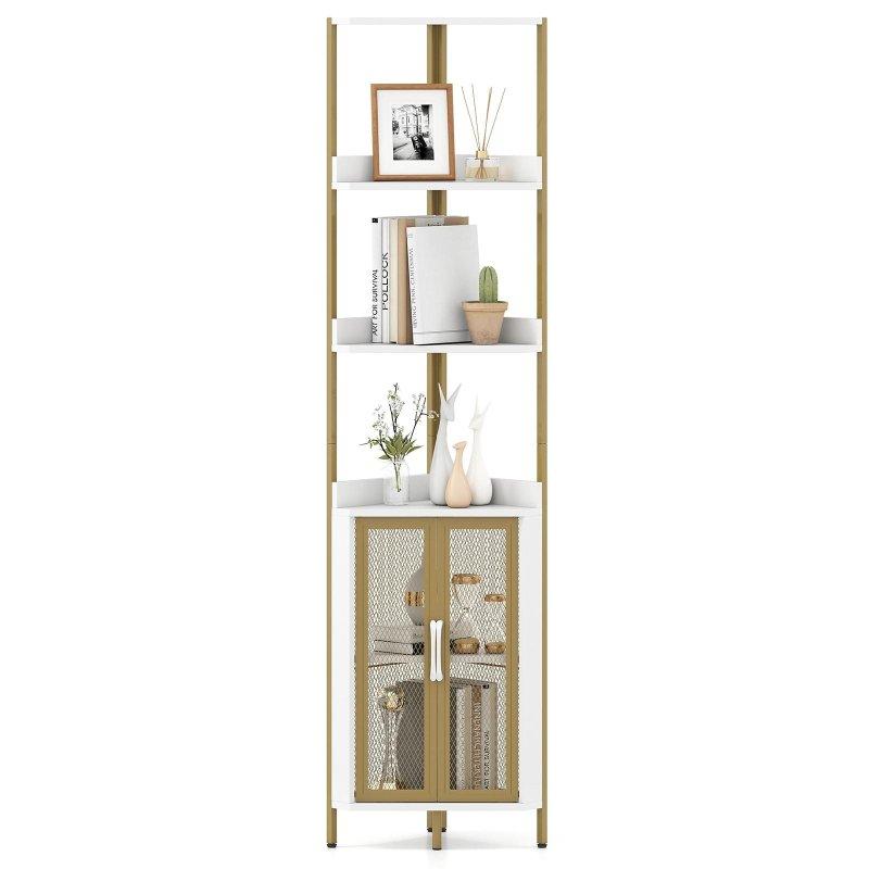Rustik Kahverengi Metal ve Ahşap 6 Raflı Dolaplı Köşe Kitaplık - 171 cm - 320594