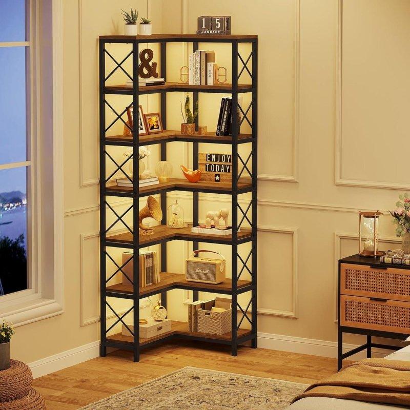 Rustik Kahverengi Metal ve Ahşap 7 Katlı X-Destekli Köşe Kitaplık - 60x60x201 cm - 313303