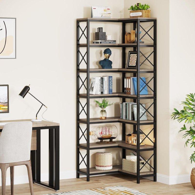 Rustik Kahverengi Metal ve Ahşap 7 Katlı X-Destekli Köşe Kitaplık - 60x60x201 cm - 313303