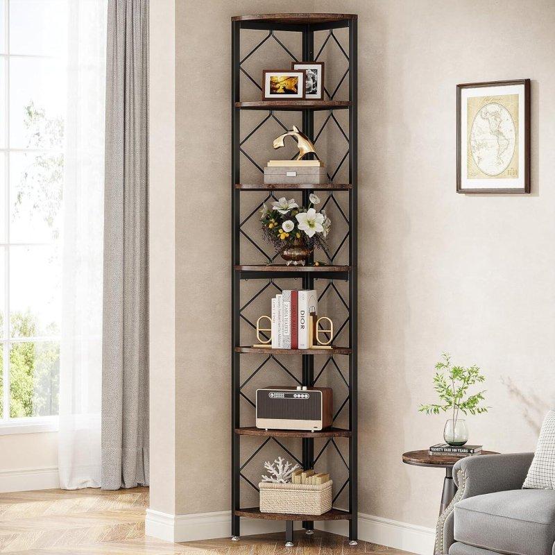 Rustik Kahverengi Metal ve Ahşap 7 Raflı Köşe Kitaplık - 200 cm - 318893