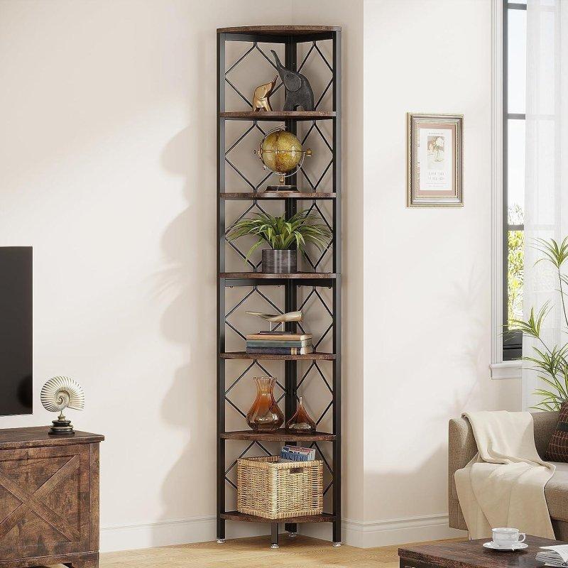 Rustik Kahverengi Metal ve Ahşap 7 Raflı Köşe Kitaplık - 35x35x200 cm - 313266