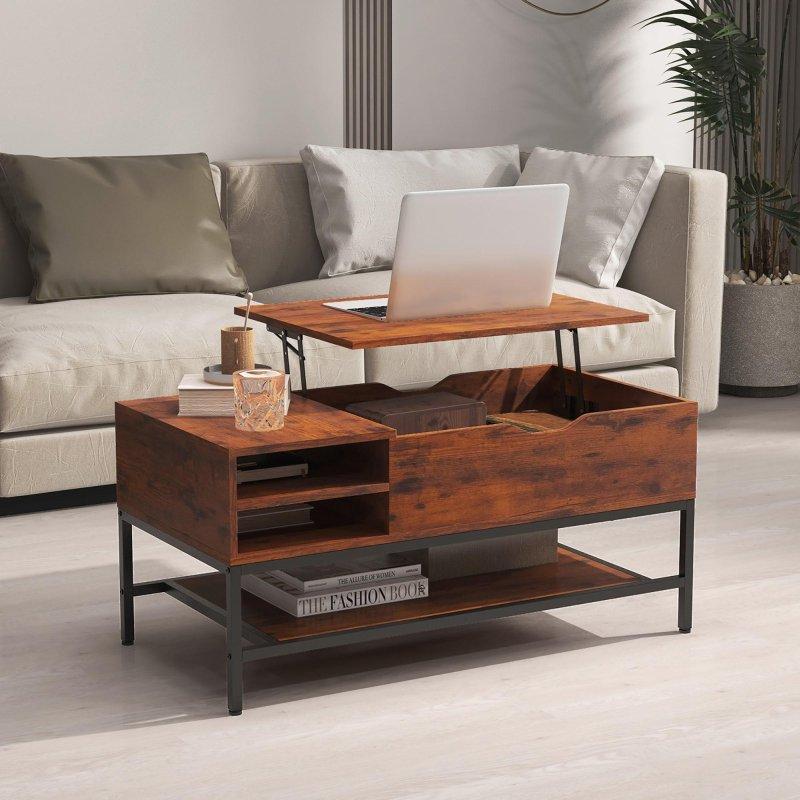 Rustik Kahverengi Metal ve Ahşap Asansörlü Gizli Bölmeli Raflı Akıllı Sehpa - 101x50 cm - 253820