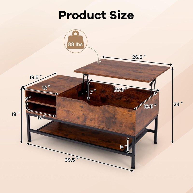 Rustik Kahverengi Metal ve Ahşap Asansörlü Gizli Bölmeli Raflı Akıllı Sehpa - 101x50 cm - 253820