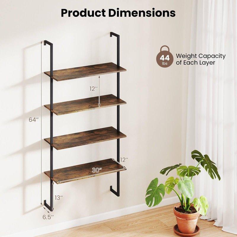 Rustik Kahverengi Metal ve MDF 4 Raflı Duvara Monte Merdiven Kitaplık 2li Set - 77x31x163 cm - 313362