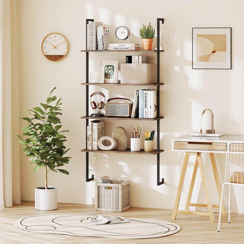 Rustik Kahverengi Metal ve MDF 4 Raflı Duvara Monte Merdiven Kitaplık 2li Set - 77x31x163 cm - 313362