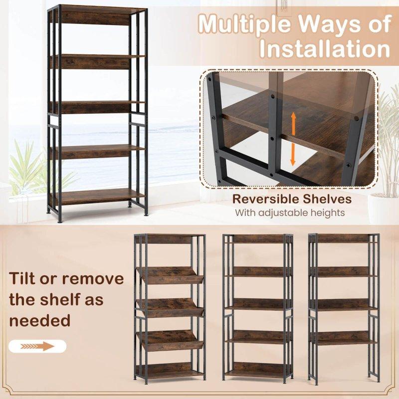 Rustik Kahverengi Metal ve MDF 5 Raflı Ayarlanabilir Kitaplık - 70x36x158 cm - 316179