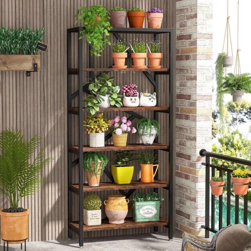 Rustik Kahverengi Metal ve MDF 6 Raflı Sırtı Açık Endüstriyel Kitaplık - 181x81x30 cm - 319776