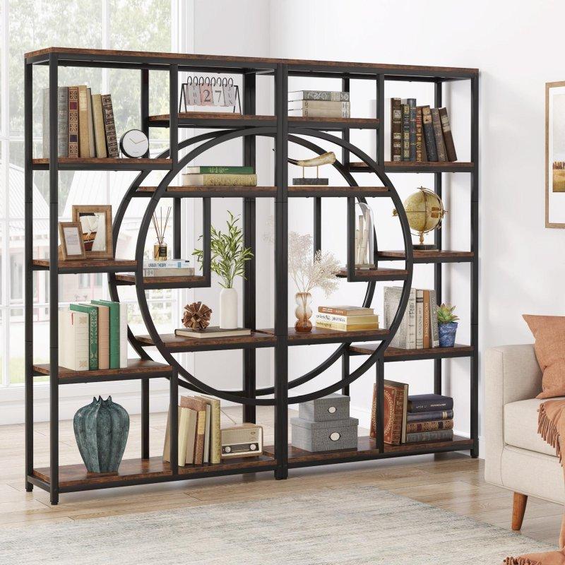 Rustik Kahverengi Metal ve MDF Geometrik 8 Raflı Kitaplık - 95x30x176 cm - 315908