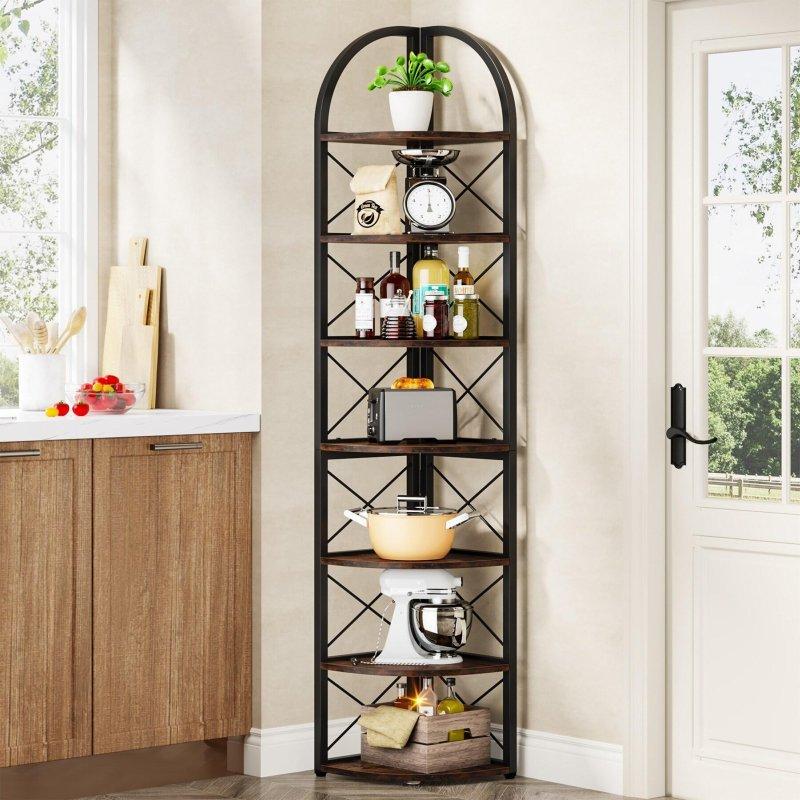 Rustik Kahverengi Metal ve Sunta 6 Raflı Ayarlanabilir Ayaklı Köşe Kitaplık - 43x43x180 cm - 314730