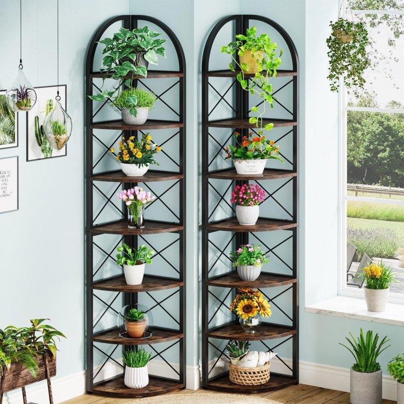 Rustik Kahverengi Metal ve Sunta 6 Raflı Ayarlanabilir Ayaklı Köşe Kitaplık - 43x43x180 cm - 314730