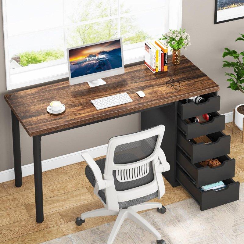 Rustik Kahverengi ve Beyaz MDF 5 Yönü Değiştirilebilir Çekmeceli Ofis Masası - 120x45 cm - 328031