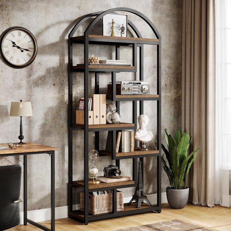 Rustik Kahverengi ve Siyah MDF ve Metal Kemerli 7 Raflı Kitaplık - 81x30x181 cm - 318976
