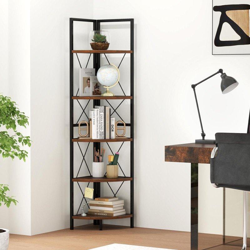Rustik Kahverengi ve Siyah Metal Ahşap 5 Raflı Köşe Kitaplık - 36x36x161 cm - 318290