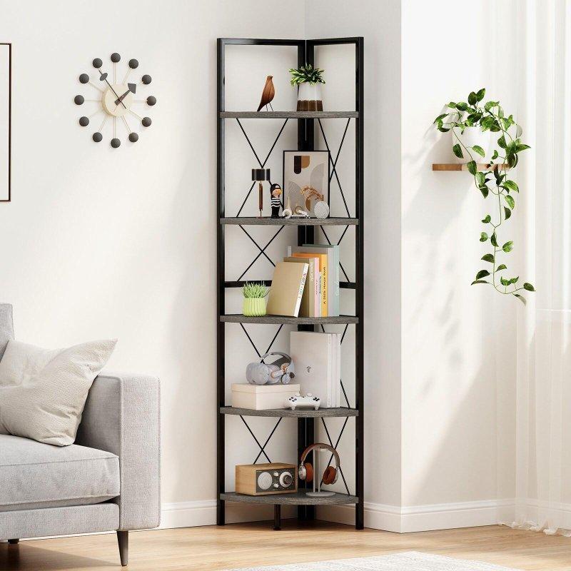 Rustik Kahverengi ve Siyah Metal Ahşap 5 Raflı Köşe Kitaplık - 36x36x161 cm - 318290