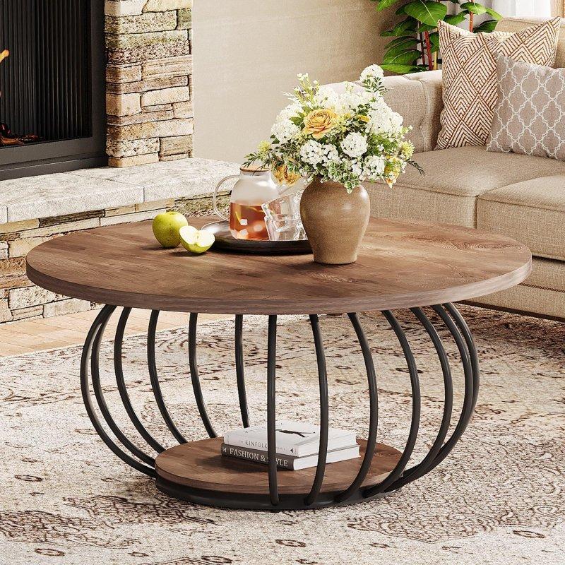 Rustik Kahverengi ve Siyah Metal Çerçeveli 2 Raflı Yuvarlak Orta Sehpa - 101 cm - 242735