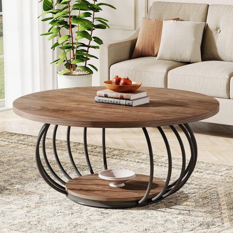 Rustik Kahverengi ve Siyah Metal Çerçeveli 2 Raflı Yuvarlak Orta Sehpa - 101 cm - 242735