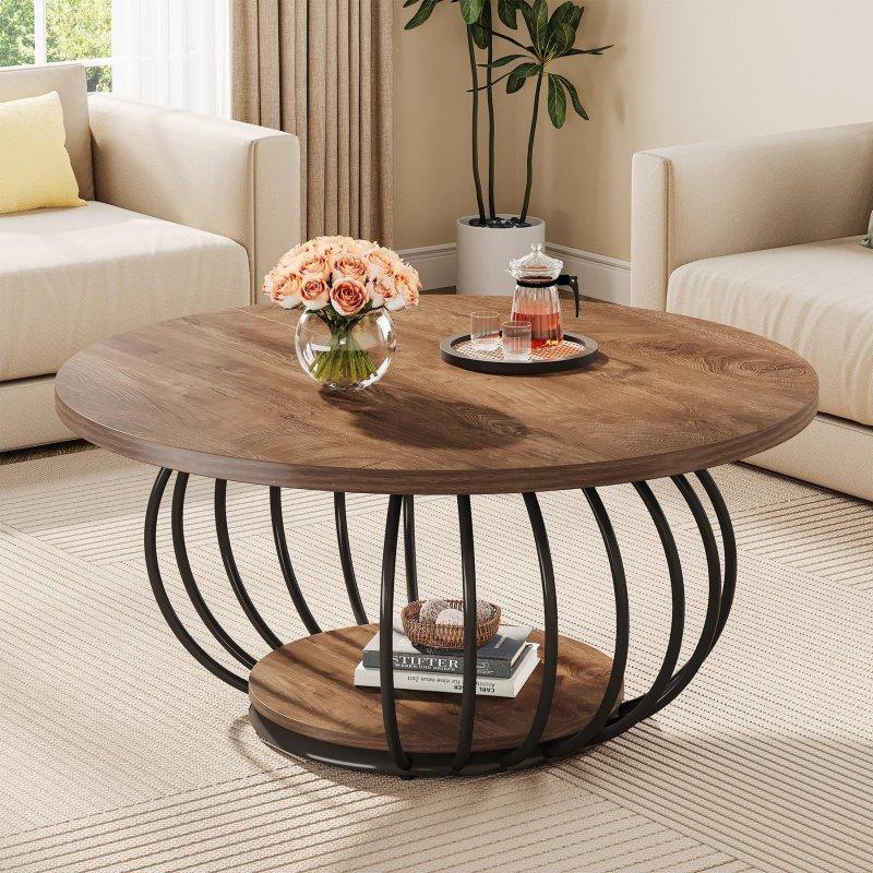 Rustik Kahverengi ve Siyah Metal Çerçeveli 2 Raflı Yuvarlak Orta Sehpa - 101 cm - 242735