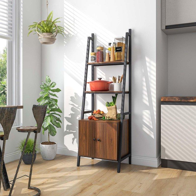 Rustik Kahverengi ve Siyah Metal Dolaplı Merdiven Tipi 2li Kitaplık Seti - 314631
