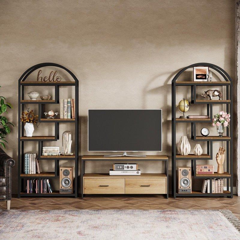 Rustik Kahverengi ve Siyah Metal Kemerli 7 Raflı Kitaplık - 180 cm - 315530
