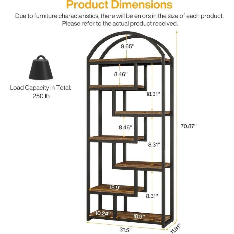 Rustik Kahverengi ve Siyah Metal Kemerli 7 Raflı Kitaplık - 180 cm - 315530