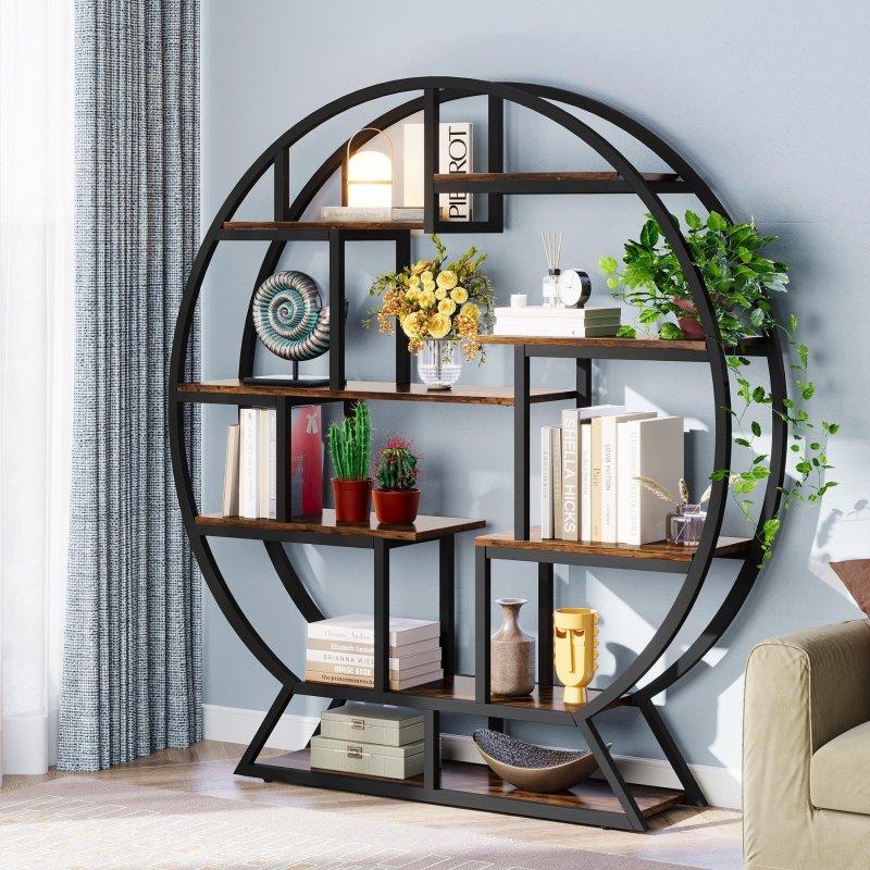 Rustik Kahverengi ve Siyah Metal Yuvarlak Endüstriyel 14 Raflı Kitaplık - 150x160 cm - 317464
