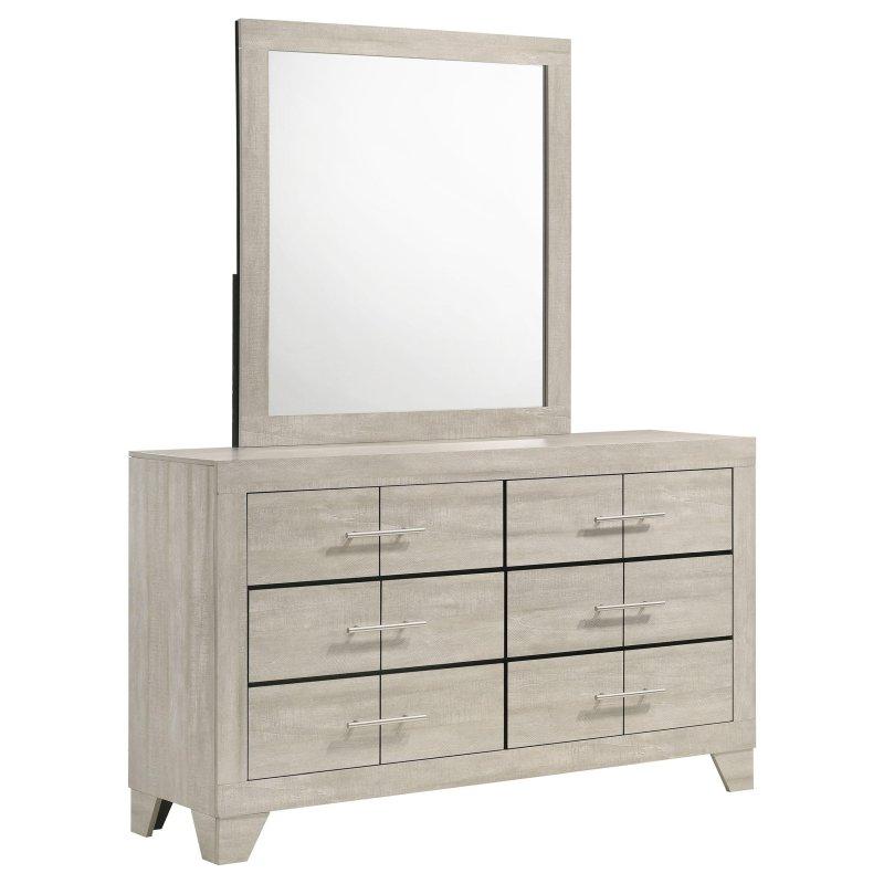 Rustik Krem Lamine Ahşap Aynalı 6 Çekmeceli Şifonyer - 148 cm - 297431