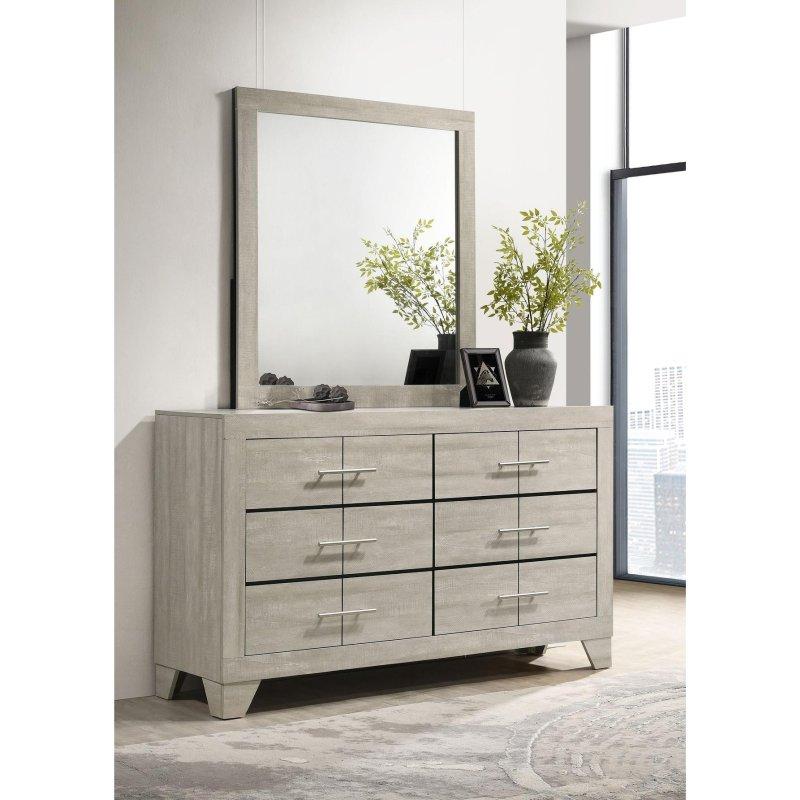Rustik Krem Lamine Ahşap Aynalı 6 Çekmeceli Şifonyer - 148 cm - 297431