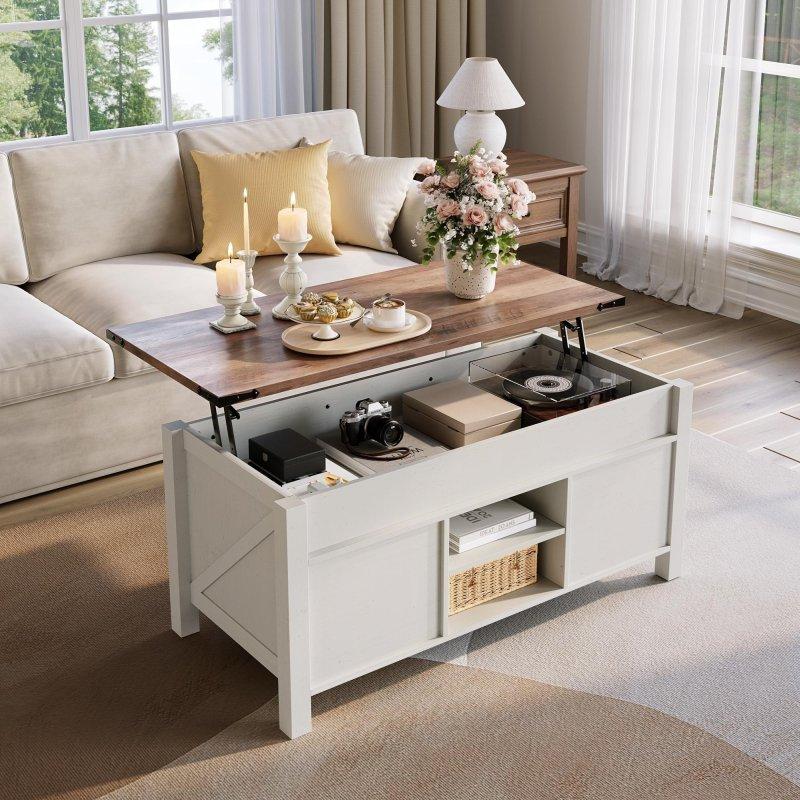 Rustik MDF Asansörlü Gizli Bölmeli Akıllı Sehpa - 123x57 cm - 254809