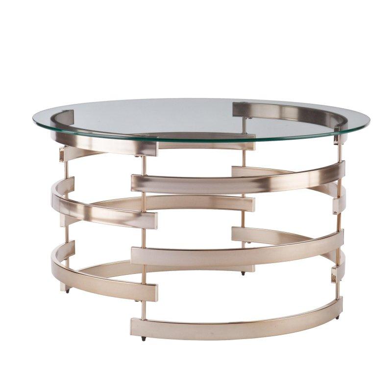 Şampanya Gold Metal Cam Tablalı Silindirik Tasarım Yuvarlak Orta Sehpa - 82x47 cm - 242050