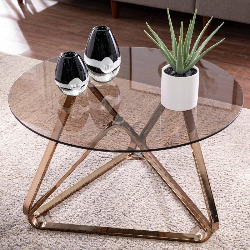 Şampanya Metal Geometrik Ayaklı Füme Cam Yuvarlak Orta Sehpa - 80 cm - 239894