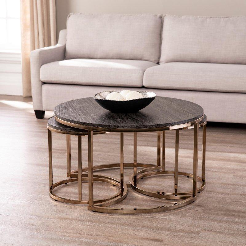 Şampanya Metal ve Espresso Ahşap 3lü Zigon Yuvarlak Orta Sehpa Seti - 82 cm - 242231