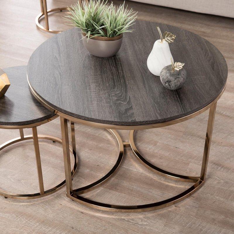 Şampanya Metal ve Espresso Ahşap 3lü Zigon Yuvarlak Orta Sehpa Seti - 82 cm - 242231