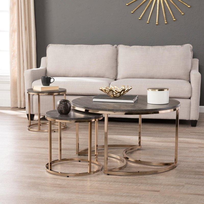 Şampanya Metal ve Espresso Ahşap 3lü Zigon Yuvarlak Orta Sehpa Seti - 82 cm - 242231