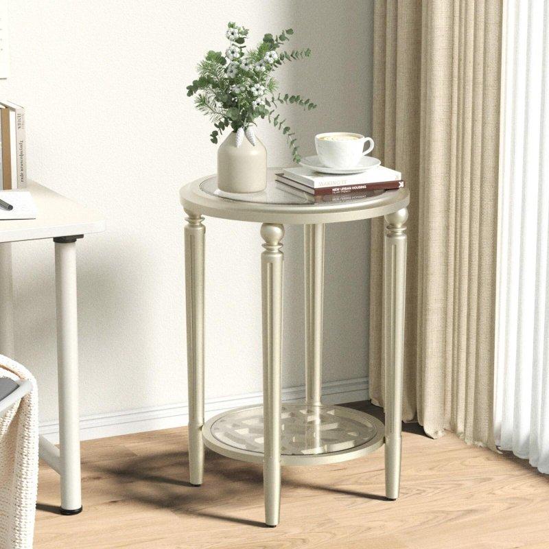Şampanya Rengi Masif Çam Ayaklı Cam Tablalı Raflı Yuvarlak Orta Sehpa - 82x46 cm - 243652
