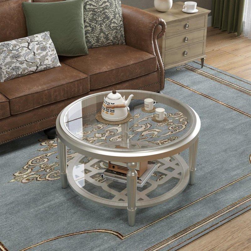 Şampanya Rengi Masif Çam Ayaklı Cam Tablalı Raflı Yuvarlak Orta Sehpa - 82x46 cm - 243652