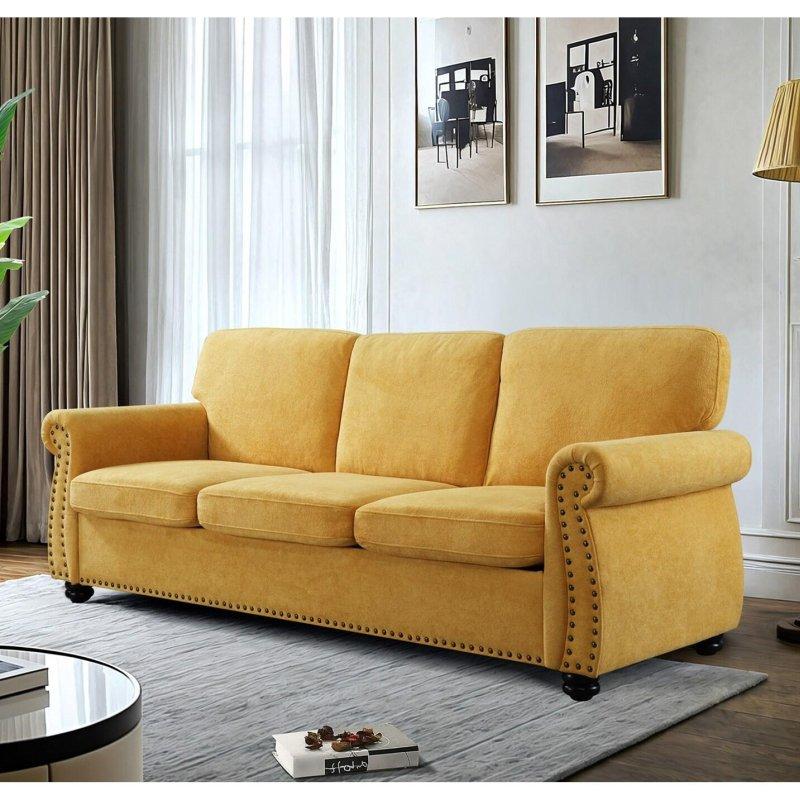 Sarı Kadife Masif Ahşap Ayaklı 3 Kişilik Yastık Sırtlı Bohem Koltuk - 230 cm - 280091