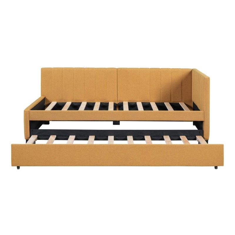 Sarı Keten Kumaş Döşemeli Yavru Yataklı Daybed Karyola - 329662