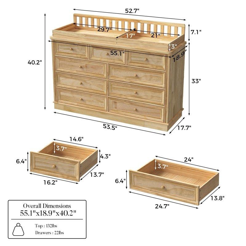 Sarı Masif Çam Ahşap 9 Çekmeceli Çıkarılabilir Alt Değiştirme Üniteli Şifonyer - 140 cm - 299560