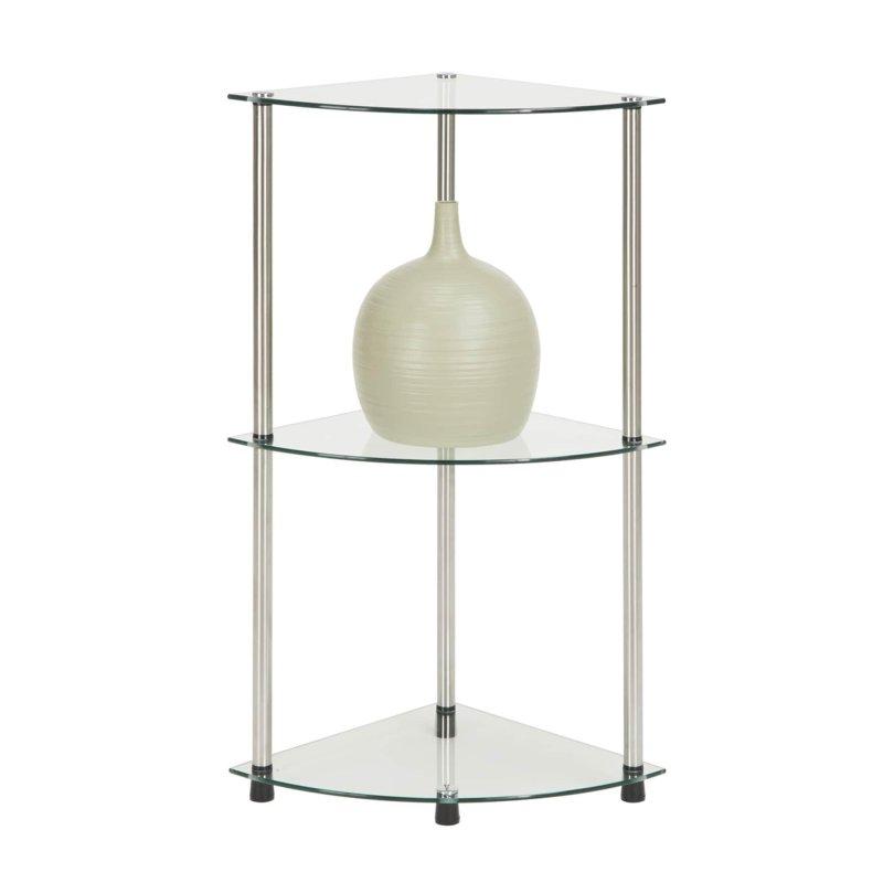 Şeffaf Cam ve Paslanmaz Çelik 3 Raflı Köşe Kitaplık - 36x36x81 cm - 314002