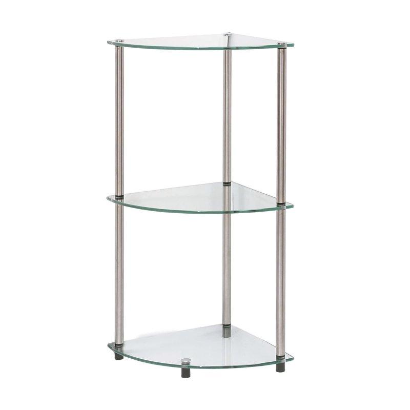 Şeffaf Cam ve Paslanmaz Çelik 3 Raflı Köşe Kitaplık - 36x36x81 cm - 314002